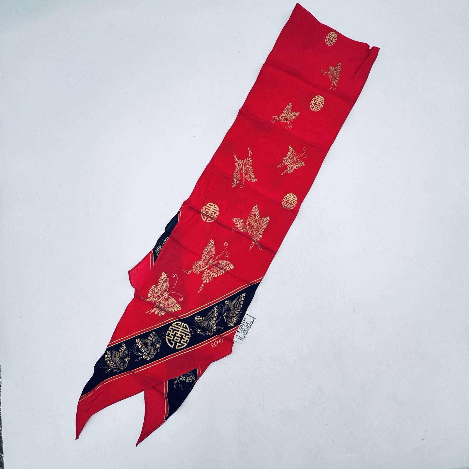 Echo Rectangular Silk Scarf Red Gold Black Asian … - image 4
