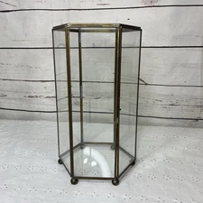 Antique Glass & Brass Table Top Hexagon Display Case