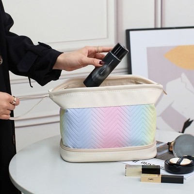 Large Travel Makeup Bag Rainbow Pastel Quilted Cosmetic Case Double Layer Zipper