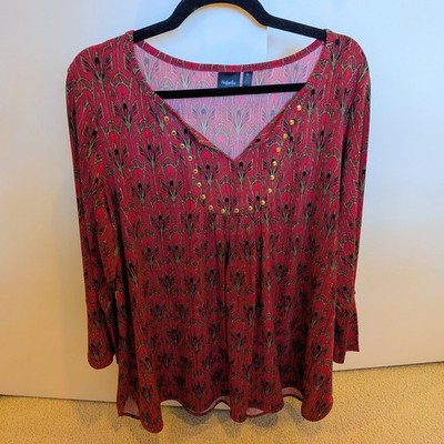 Rafaella Women's Plus Size 2X Red and Black Patterned V-Neck Blouse with Gold-To