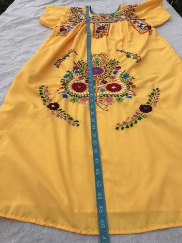 Vtg Yellow Mexican Floral Embroidered Traditional Midi Dress Puebla Mexico Small - Picture 16 of 17