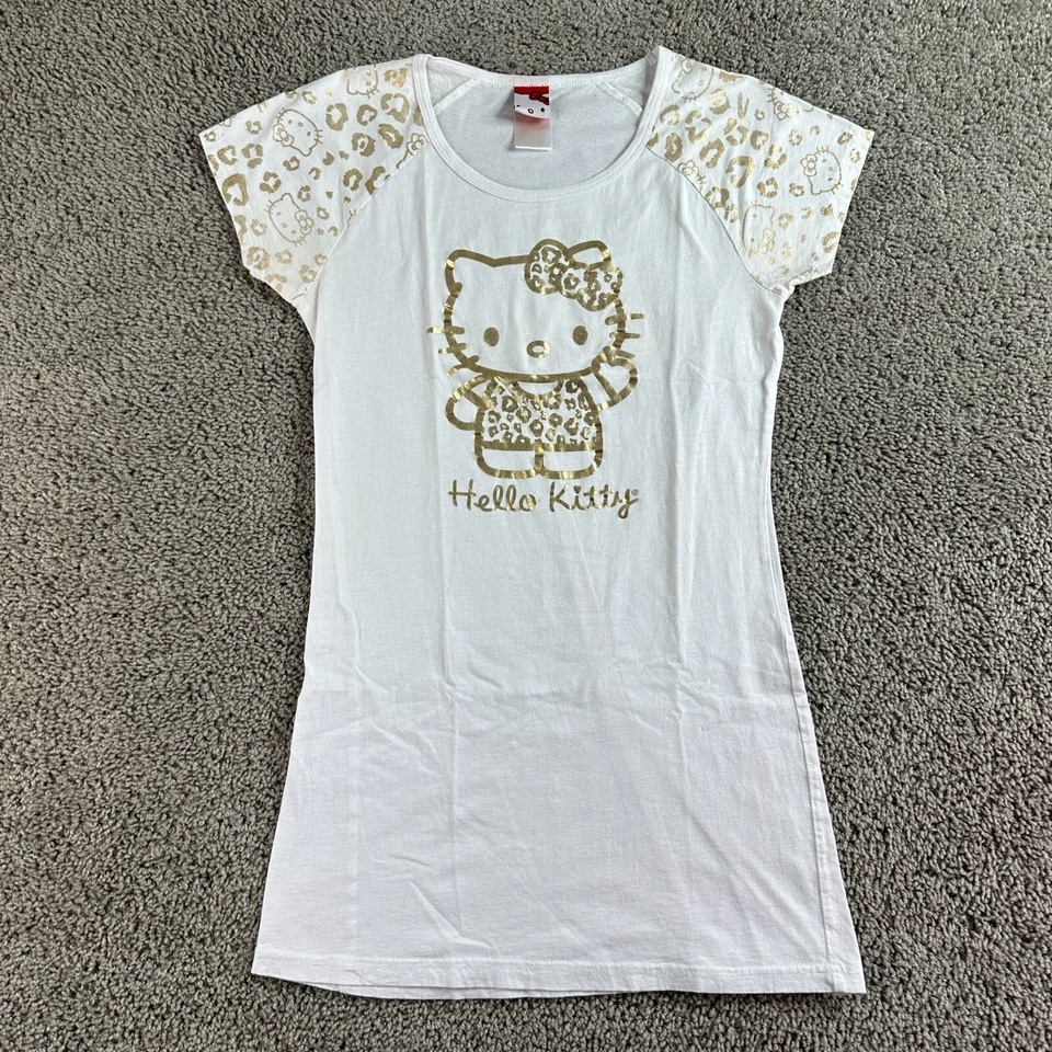 Vestido Camisa Hello Kitty Sarino Mujer Pequeño Blanco Dorado Manga Corta Pullover Foto 2 de 4