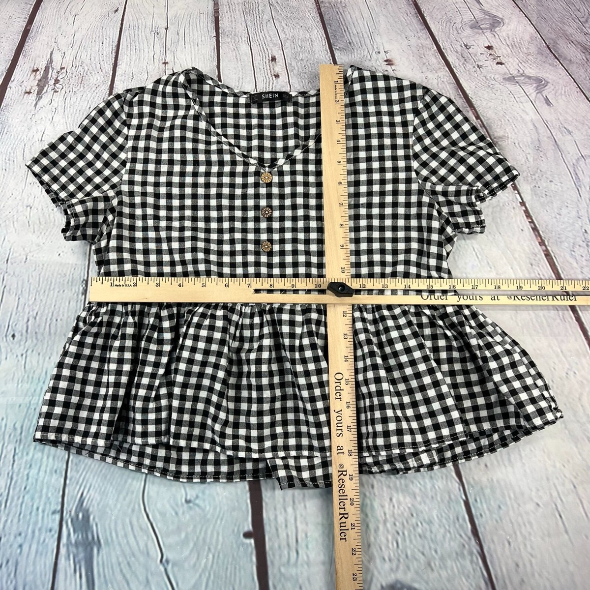 Shein Womens Button Front Plaid Smocked Top Blouse Tunic Sz Small