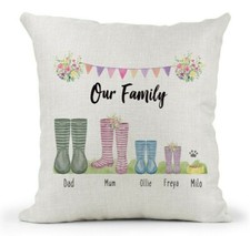 Personalised Welly Boot Family Scatter Cushion, Wellies, Wedding, New Home Gift