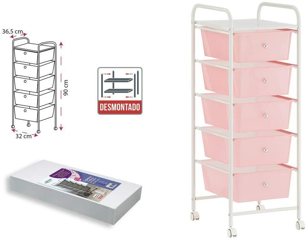 Mueble cajonera organizador multiusos de Plástico con 4 ruedas y 5 alturas rosa