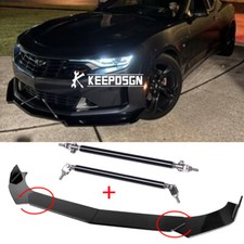 For Chevy Camaro SS Gloss Black Front Bumper Lip Splitter Spoiler + Strut Rods