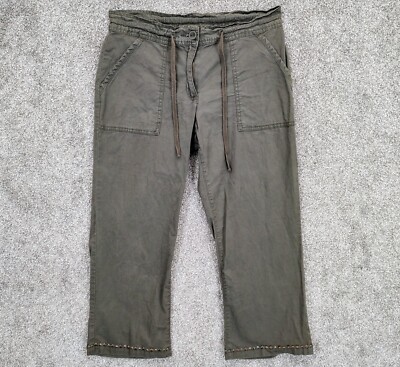 Women's 8 Capri Pants Green Crop Bohemian Beaded Trim Pockets Breathable Stretch