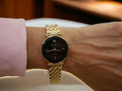NEW W BOX WOMEN'S ANNE KLEIN YELLOW GOLD TONE BLACK FACE WATCH STAINLESS
