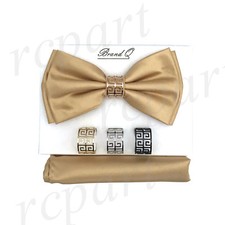 New formal Men's micro fiber Pre-tied Bow Tie  Hankie Gold  4 rings wedding