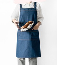 Women Men Thick Denim Aprons Cross Back Mid-length Kitchen Florist Baking Modern
