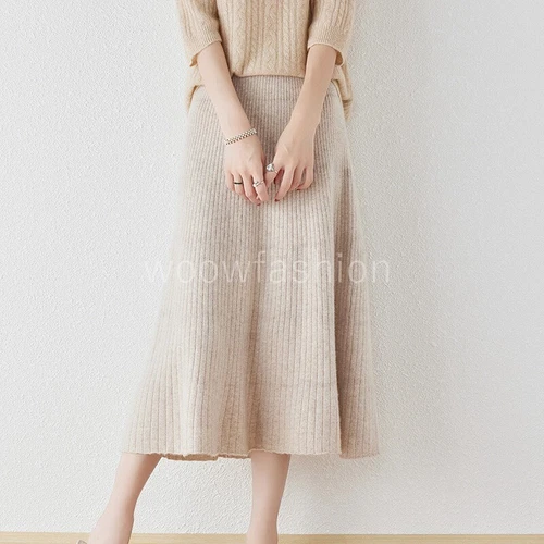 Women 100% Cashmere Wool Skirt Elastic Stretchy Flowly A-Line Midi Long Skirt - Bild 7 von 21