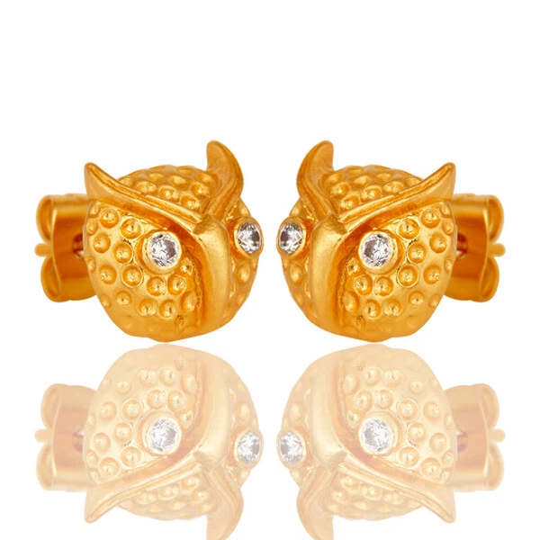 Набор из 18-каратного желтого золота с цирконием с изображением совы птиц животных минимальные серьги-гвоздики - Изображение 2 из 4