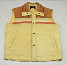 Vintage Puffer Vest Anthonys Size L 70s 2 Tone Tan Pale Yellow Stripe Snap Front