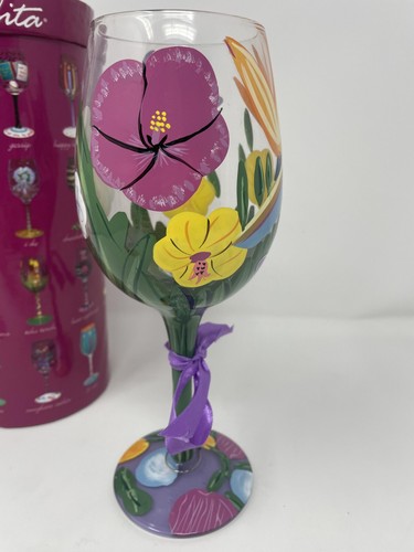 *New* Lolita 15 oz. "Wine Bouquet" Hand-Painted Wine Glass Birds Of Paradise - Picture 3 of 8