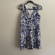 Lauren Ralph Lauren Women SZ 8 Blue/White V-Neck Sleeveless Pleated Dress
