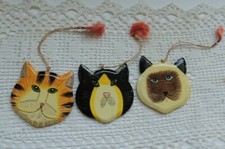 Set of 3 Hand Painted Wood Kitty Cat Christmas Tree Ornaments Gray Orange Black