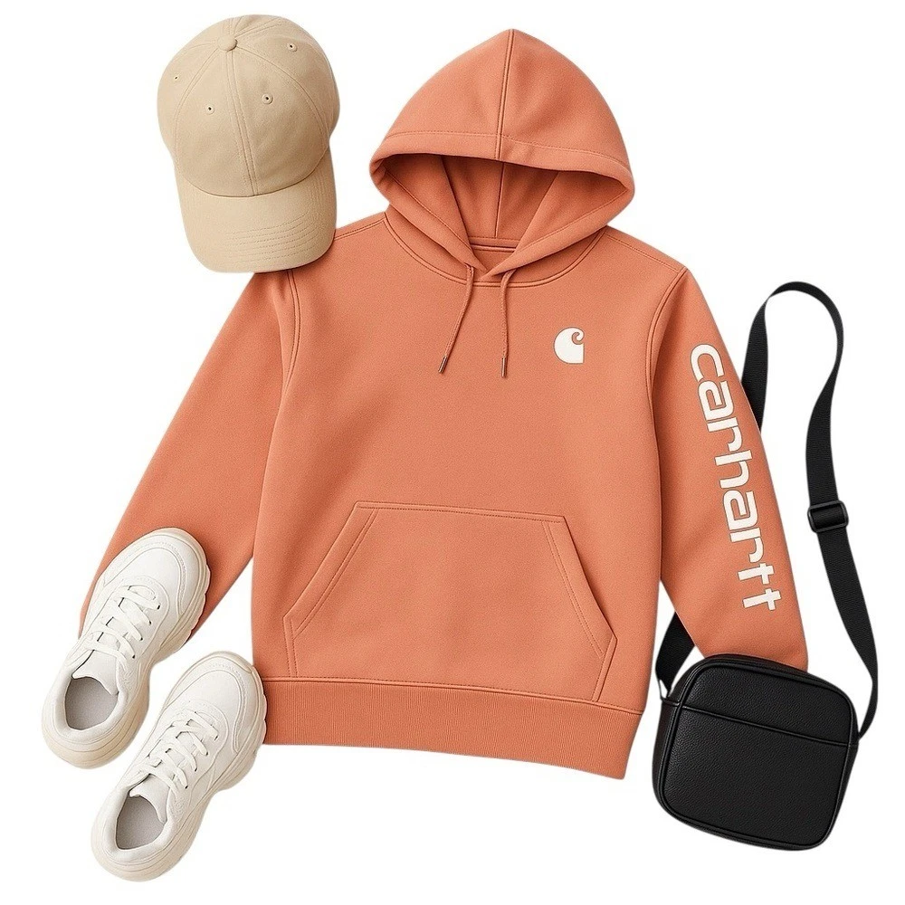 Carhartt Womens Hoodie Rose Clay XS Soft Orange Logo Sleeve Relaxed Fit in EUC