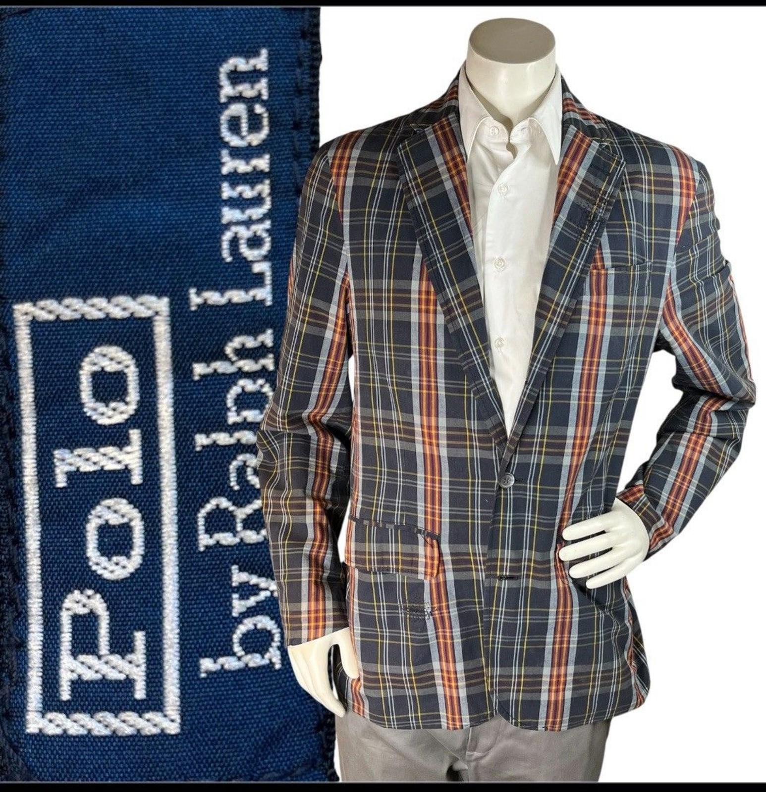 Polo Ralph Lauren Vtg 90s Distressed Madras Plaid Sport Coat Blazer 44R Preppy