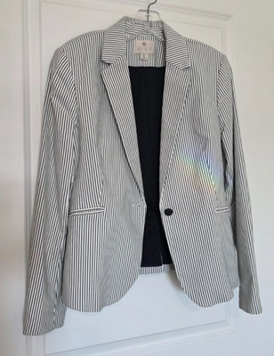 Lila Rose Women Blazer LG Black White Pinstripe Button Lined Stretch Jacket NICE