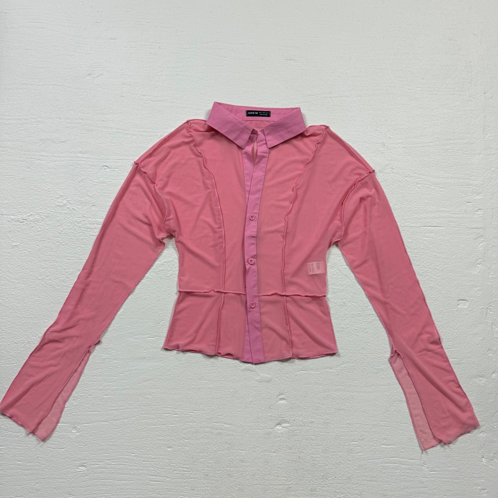 Shein Mesh Patchwork Button Up Pink Long Sleeve T… - image 1