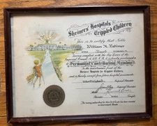 Framed 1920s Shriners Hospitals for Crippled Children Certificate Pittsburgh PA