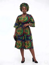 African Print Midi Dress with Matching Headwrap  One Size