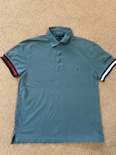 Tommy Hilfiger Polo Shirt Mens Large Blue Slim Fit Flag Logo Cotton Short Sleeve