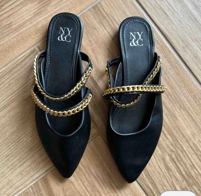 NY & Co Black Flats Chain Accent Pointed Toe Slide Rubber Sole