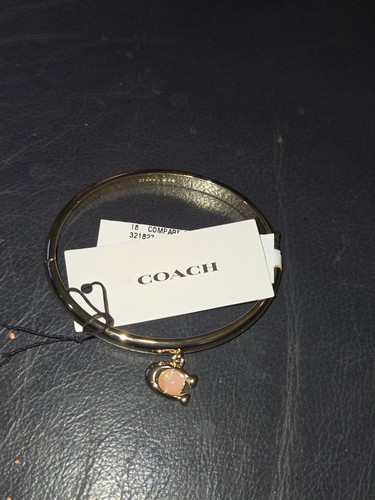 Coach Charm Hinge Bangle C Logo Gold tone Pink Quartz Bracelet, NWT $95! CUTE! - Picture 2 of 5