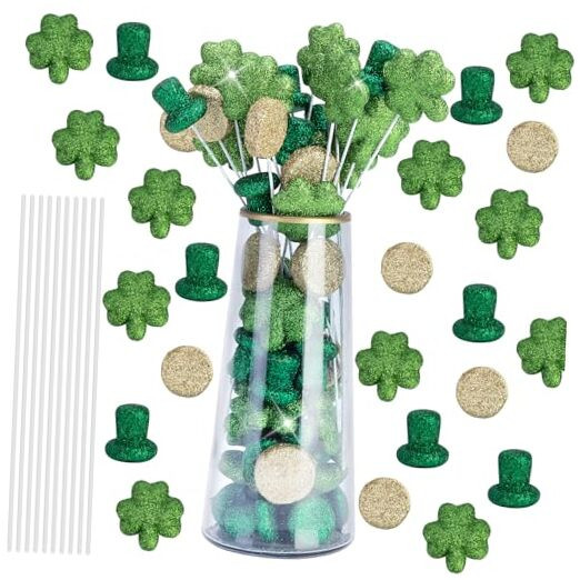 60 Glitter Foam St. Patrick's Day Vase Filler and 20 Sticks, Irish Glitter