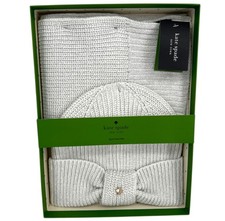 Kate Spade Metallic Knit Scarf Hat Two Piece Set Cream Silver NWT
