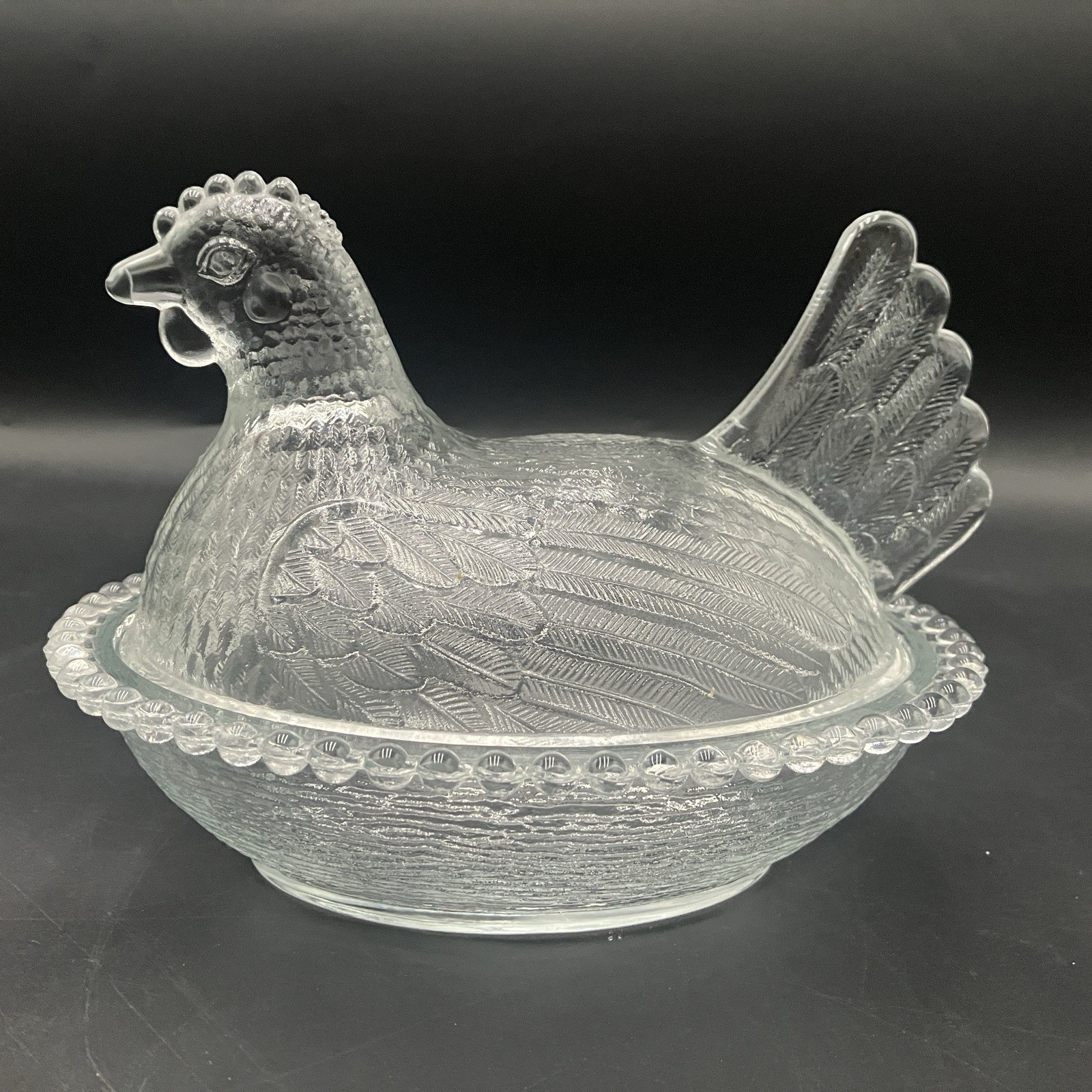 Vintage Indiana Glass Clear Hen On Nest Covered Candy Dish Beaded Rim READ