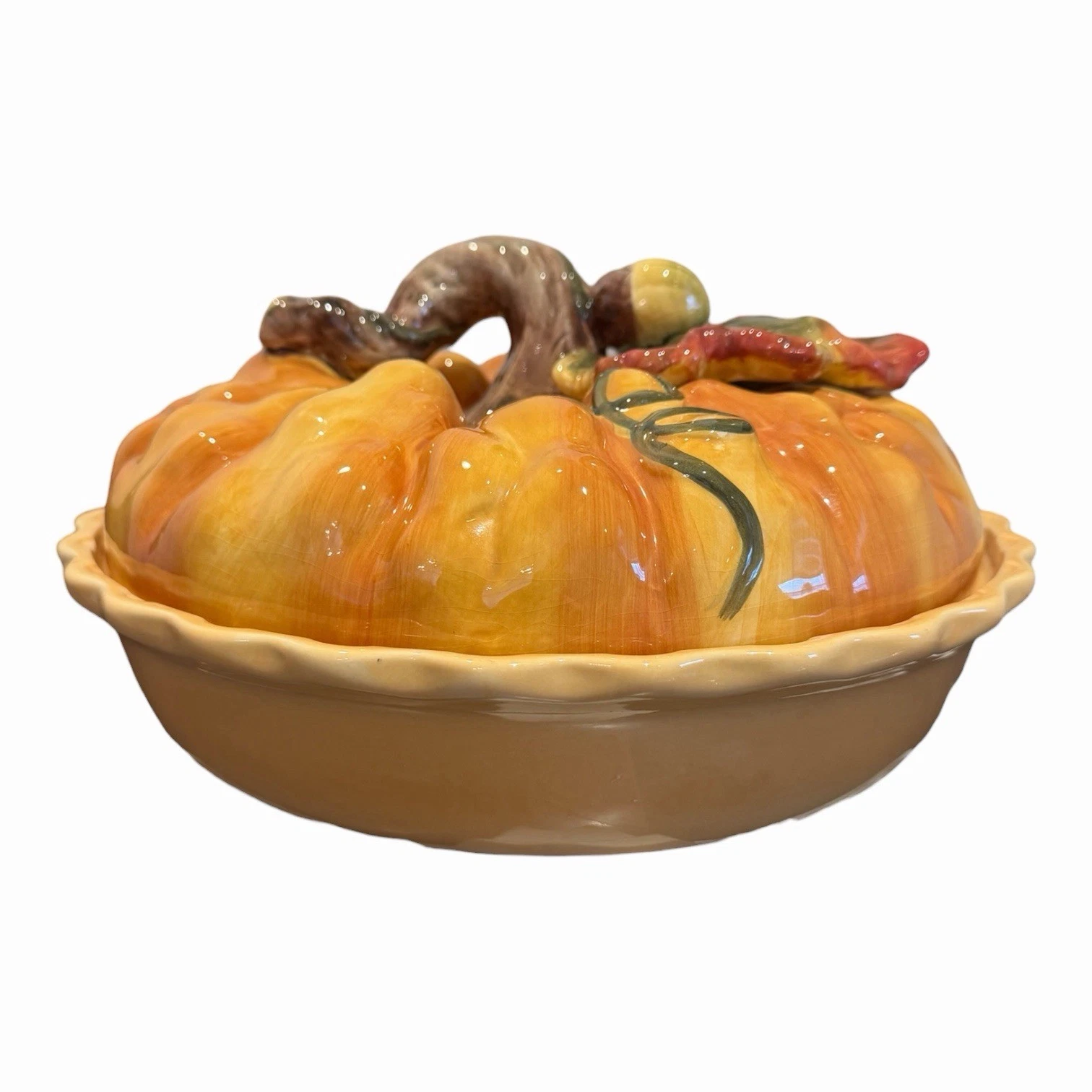 Vintage Pumpkin Ceramic Pie Dish w/Lid Leaf With Acorns 10 3/8” Collectible