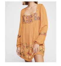 Free People Rhiannon Embroidered Babydoll Style Mustard Boho Mini Dress XS