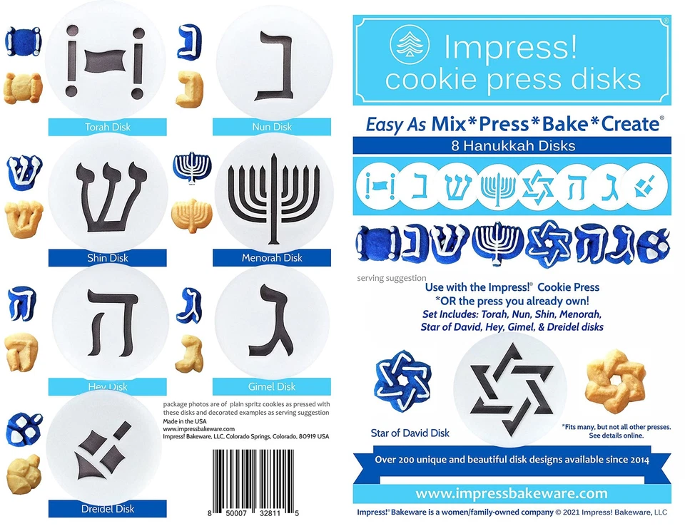 Discos de prensa de galletas Impress - Juego de 8 Hanukkah, formas de plástico seguras para alimentos con... Foto 2 de 4