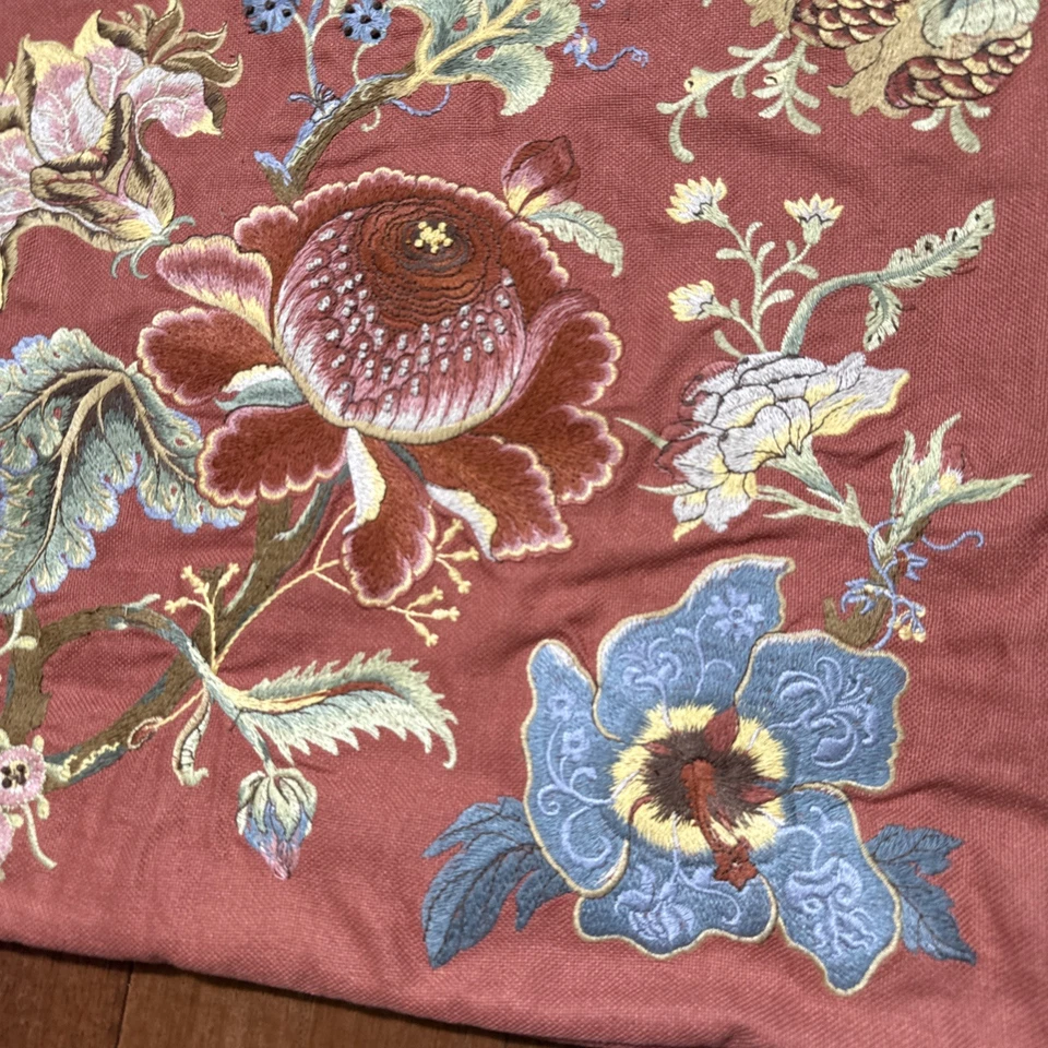 Pottery Barn Coral Floral Boho Embroidered Accent Pillow Cover 20x20” Cotton/Lin - Image 2 of 4