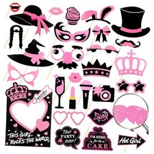 Hot Pink Glitter Photo Booth Props 31 Count, for Birthday Wedding Bachelorette