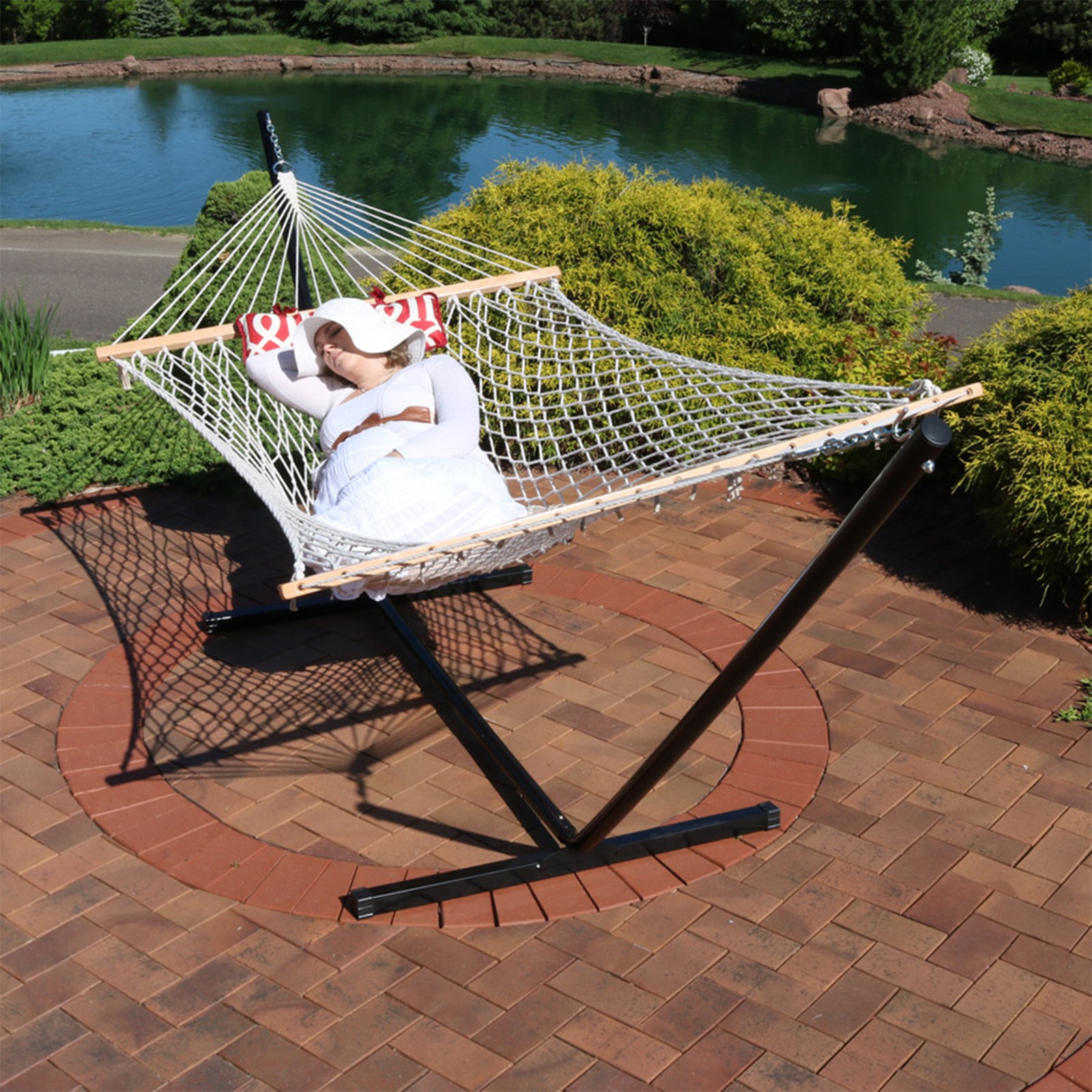 2-Person Rope Hammock with Steel Stand and Pad/Pillow - Royal Red by Sunnydaze