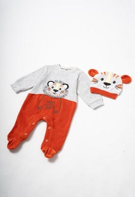 NEU Baby Jungen 2-tlg Strampler-Set  Happy Little Lion  mit  Mütze Grau/ Orange