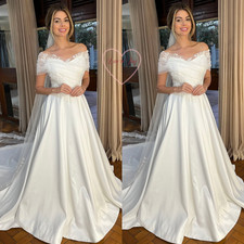 Off Shoulder Wedding Dresses with Cape A Line Sweep Train Satin Bridal Gowns