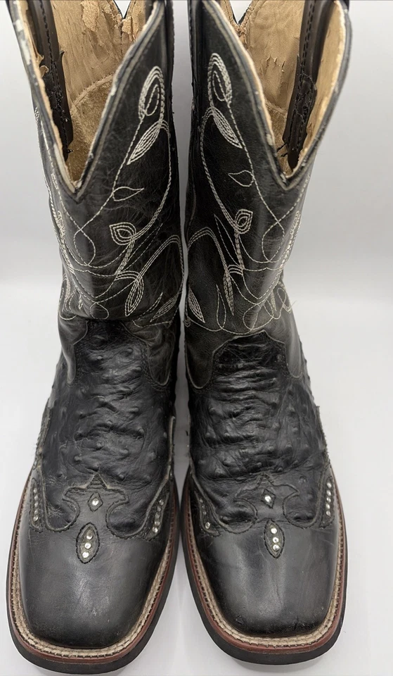Roper Cowboy Boots Womens 8.5 Square Toe Black Embellished Leather Distressed - Image 3 of 4