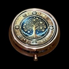 Lindo estuche organizador de píldoras de metal redondo portátil Tree of Life