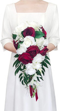 Bouquet Da Sposa a Cascata, Rose Bianche E Bordeaux Con Nastri, Bouquet Da Sposa