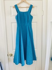 NWT SON DE FLOR Hawaiian Ocean Aqua Blue PINAFORE Sleeveless Linen Midi Dress XS