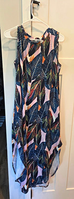 Women s Navy Pink Tropical Leaf Shift Dress Round Neck Keyhole Sleeveless XL