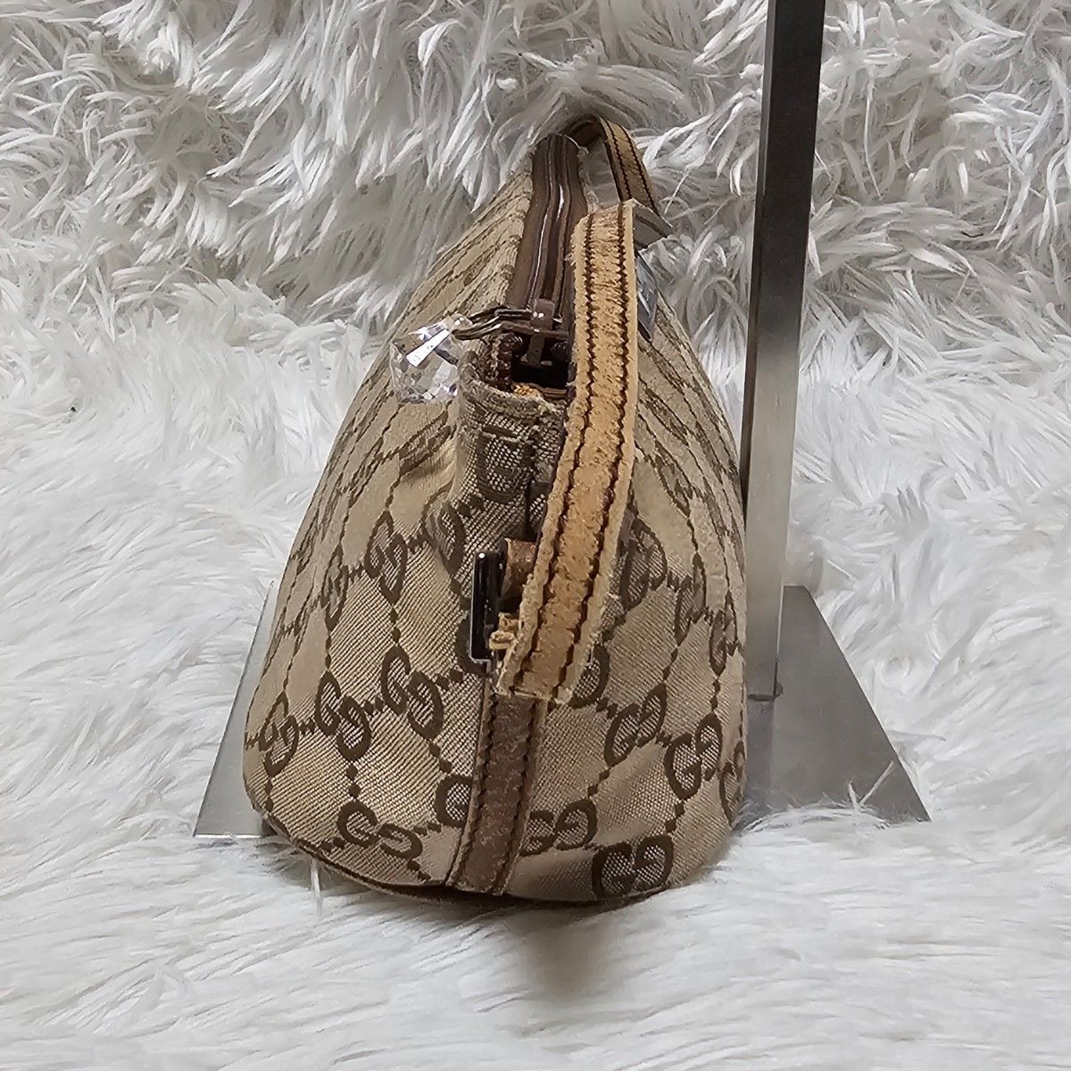 Auth GUCCI GG Canvas Accessory Pouch Mini Bag Brown Leather 