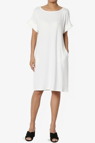 TheMogan S~3XL Rolled Short Sleeve Pocket Boxy Relaxed Jersey Midi T-Shirt Dress - Picture 123 of 187