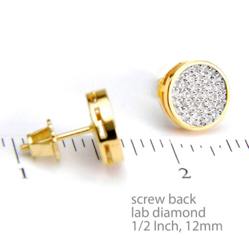 Men's Iced 14k Gold Plated 10 mm Round 2 Tone Screw Back Stud Earrings BE 012 TT - Picture 2 of 3