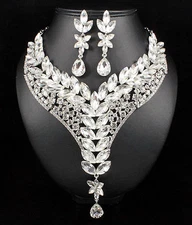Ivy Clear Austrian Rhinestone Crystal Statement Necklace Earrings Set Prom N999s