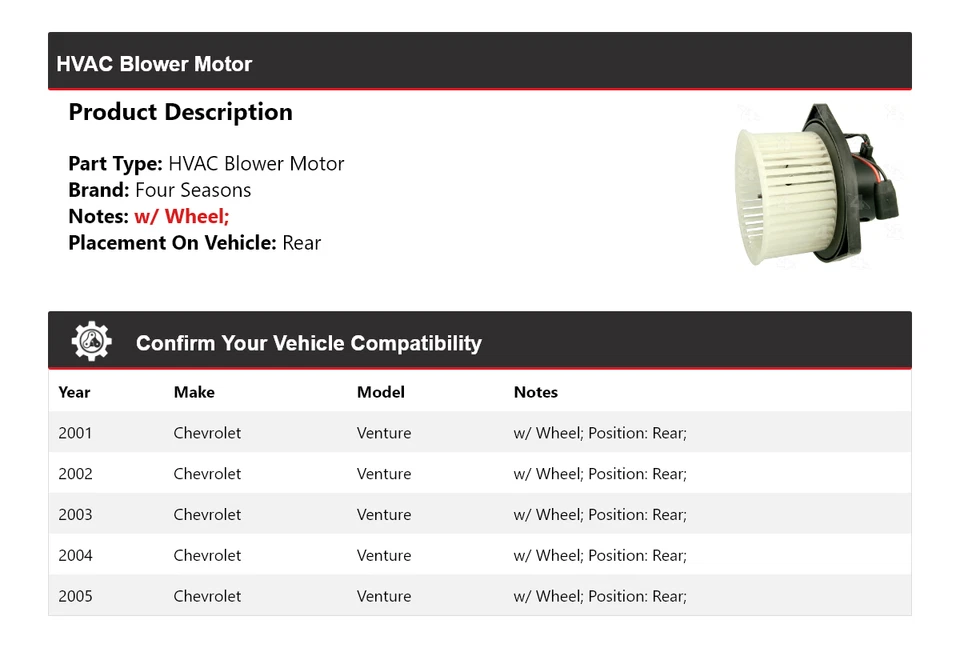 Soplador de climatización trasero para Chevrolet Venture 2001-2005 4 estaciones 2002 2003 2004 Foto 2 de 4